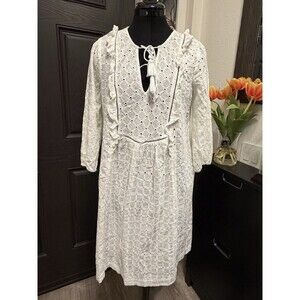 Anthropologie Thames Dress White Eyelet Cotton Womens 8 3/4 Sleeve Mini Boho